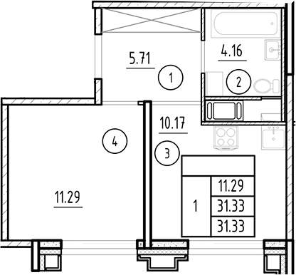 Планировка однокомнатная 31.33 м² в ЖК «Ассамблея», корпус 5