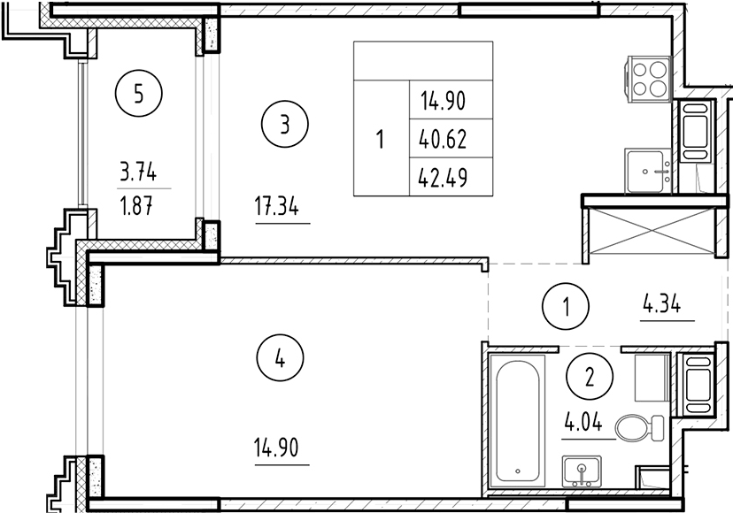 Планировка евродвушка (2Е) 42.49 м² в ЖК «Ассамблея», корпус 1
