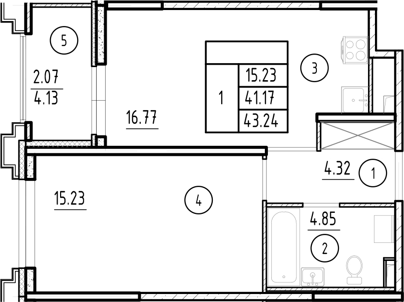 Планировка евродвушка (2Е) 43.24 м² в ЖК «Ассамблея», корпус 5