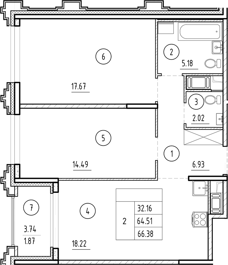 Планировка евротрёшка (3Е) 66.38 м² в ЖК «Ассамблея», корпус 1