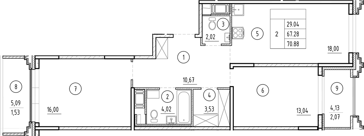 Планировка евротрёшка (3Е) 70.88 м² в ЖК «Ассамблея», корпус 1