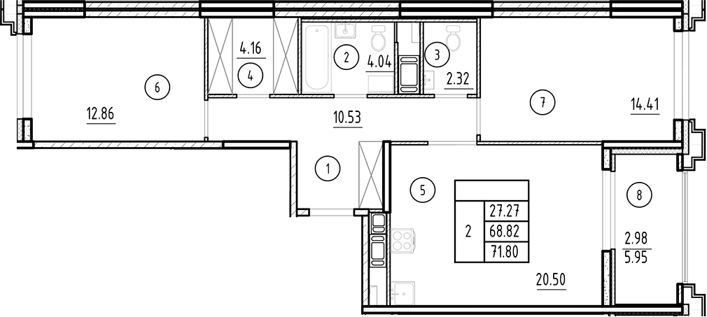 Планировка евротрёшка (3Е) 71.8 м² в ЖК «Ассамблея», корпус 5