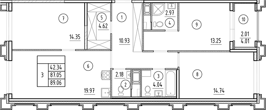 Планировка евро-4 (4Е) 89.06 м² в ЖК «Ассамблея», корпус 4