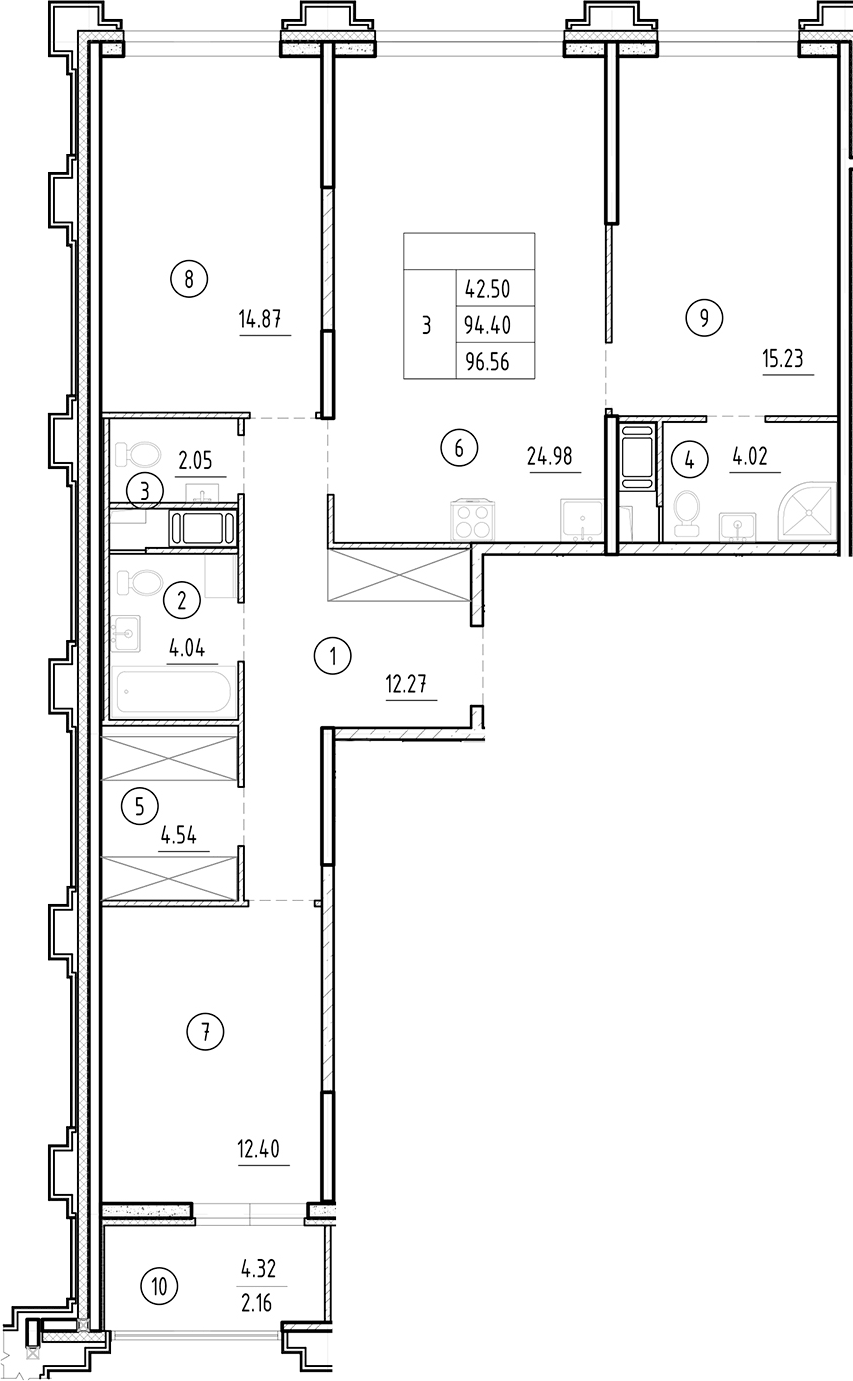 Планировка евро-4 (4Е) 96.56 м² в ЖК «Ассамблея», корпус 2