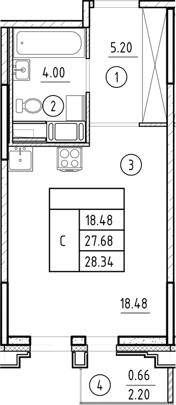 Планировка Студии 28.34 м² в ЖК «Ассамблея», корпус 3
