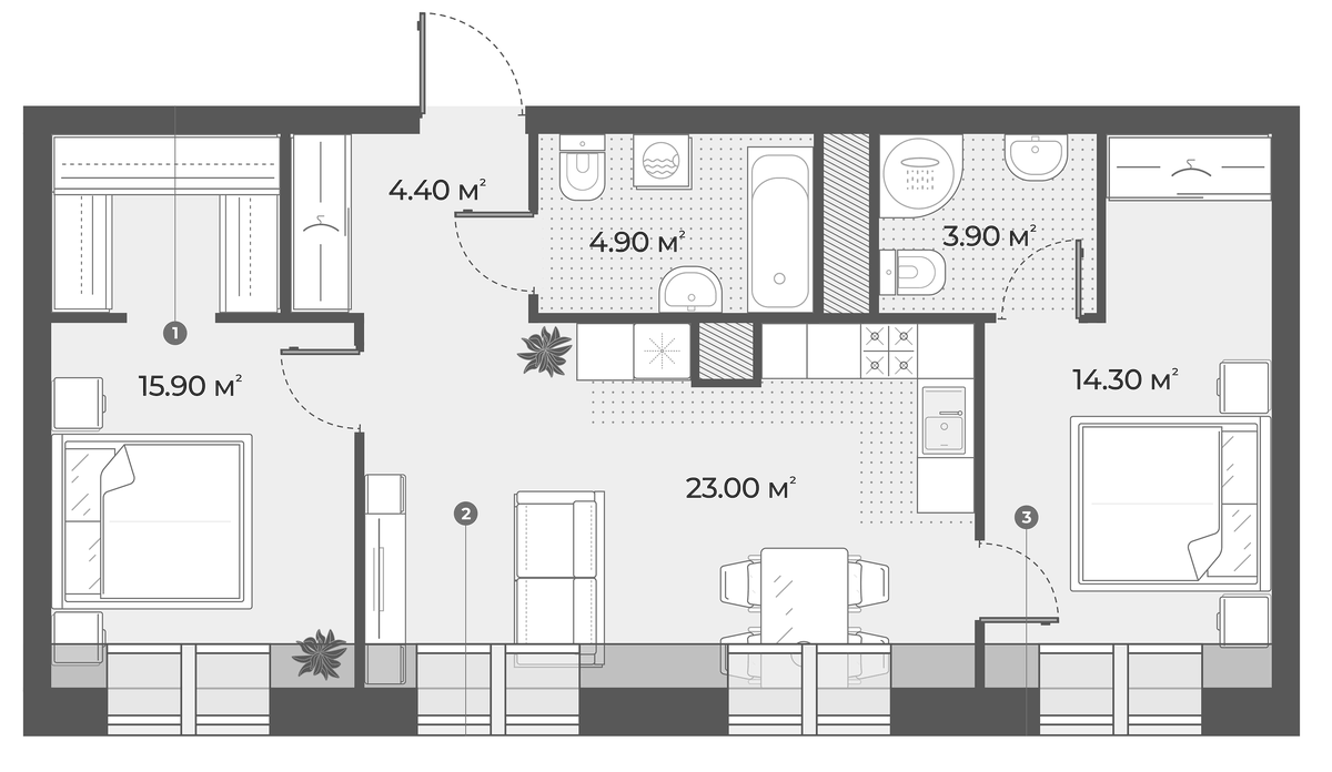 Планировка евротрёшка (3Е) 66.4 м² в ЖК «AURA», корпус 1