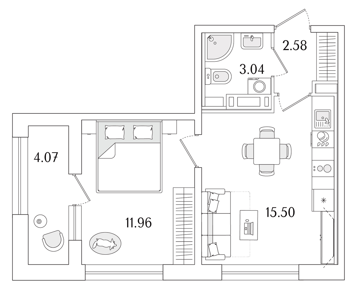 Планировка однокомнатная 35.12 м² в ЖК «Аурум», корпус 1