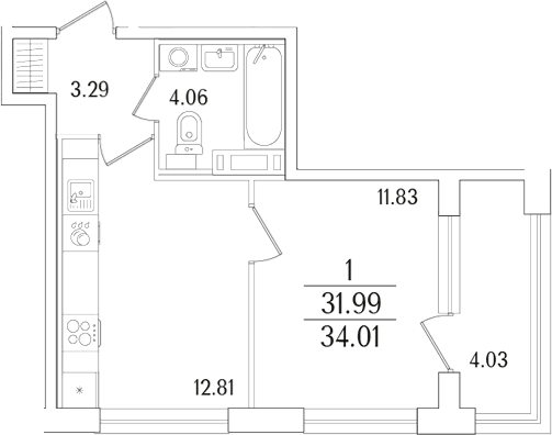 Планировка евродвушка (2Е) 34.01 м² в ЖК «Аурум», корпус 1