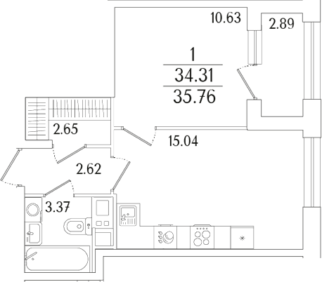 Планировка евродвушка (2Е) 35.76 м² в ЖК «Аурум», корпус 1