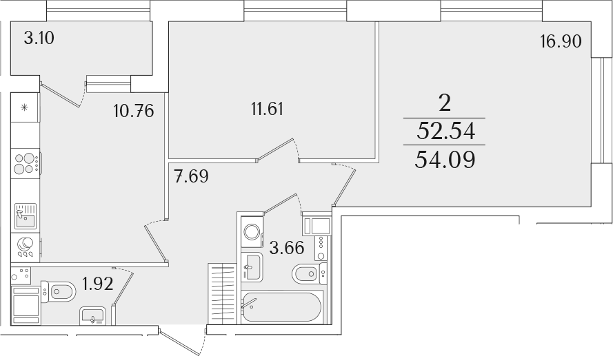 Планировка двухкомнатная 54.09 м² в ЖК «Аурум», корпус 1