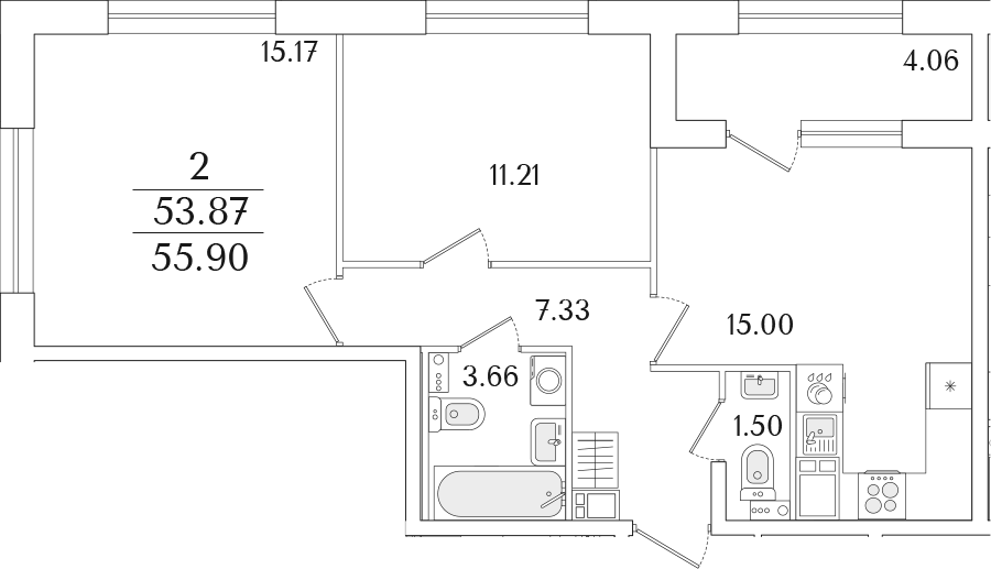 Планировка двухкомнатная 55.9 м² в ЖК «Аурум», корпус 1