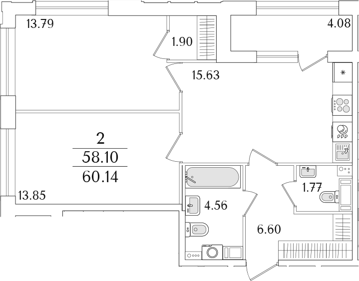 Планировка двухкомнатная 60.14 м² в ЖК «Аурум», корпус 1
