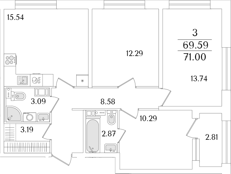 Планировка трёхкомнатная 71 м² в ЖК «Аурум», корпус 1