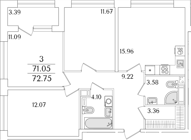 Планировка трёхкомнатная 72.75 м² в ЖК «Аурум», корпус 1
