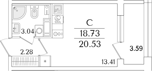 Планировка Студии 20.53 м² в ЖК «Аурум», корпус 1