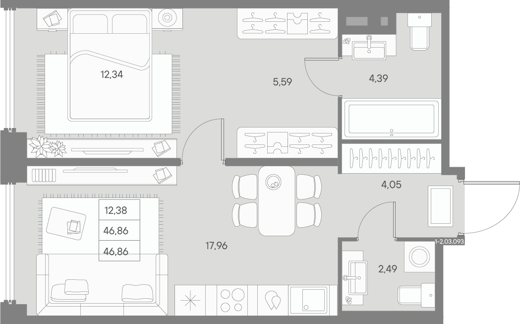 Планировка евродвушка (2Е) 46.86 м² в ЖК «АВАНТ», корпус Классик