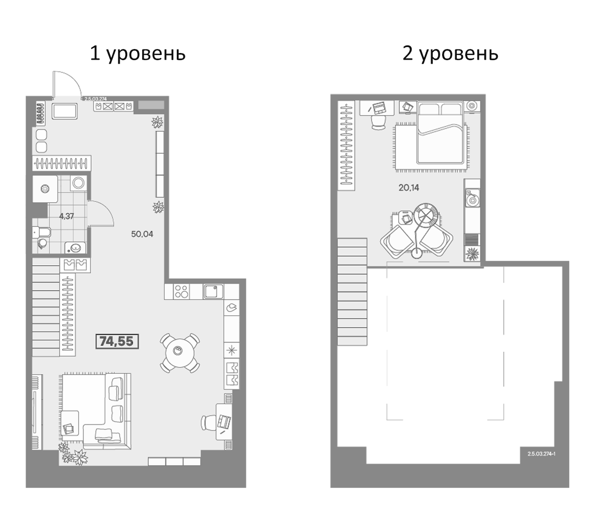 Планировка евродвушка (2Е) 74.55 м² в ЖК «АВАНТ», корпус Фабрик
