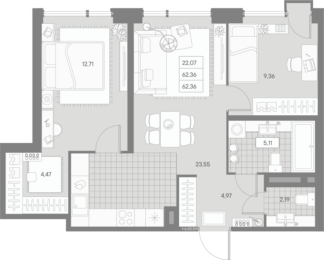 Планировка евротрёшка (3Е) 62.36 м² в ЖК «АВАНТ», корпус Классик