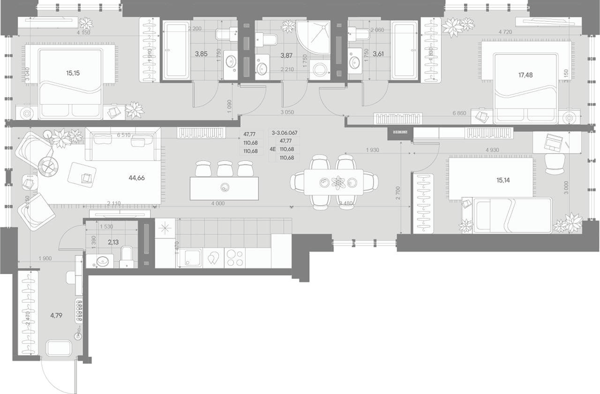 Планировка евро-4 (4Е) 110.68 м² в ЖК «АВАНТ», корпус Баланс