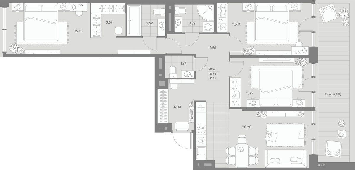Планировка евро-4 (4Е) 93.21 м² в ЖК «АВАНТ», корпус Баланс