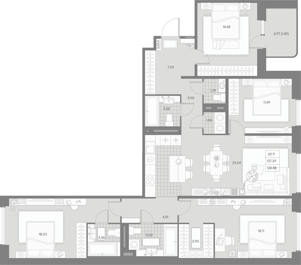 Планировка 5Е-к.кв 128.88 м² в ЖК «АВАНТ», корпус Классик