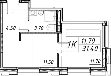 Планировка однокомнатная 31.4 м² в ЖК «АВЕНЮ-АПАРТ ПУЛКОВО», корпус 1