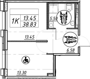 Планировка однокомнатная 38.83 м² в ЖК «АВЕНЮ-АПАРТ ПУЛКОВО», корпус 1