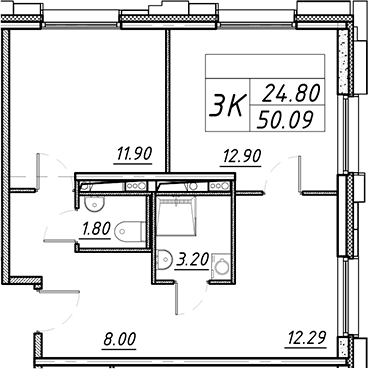Планировка двухкомнатная 48.7 м² в ЖК «АВЕНЮ-АПАРТ ПУЛКОВО», корпус 1