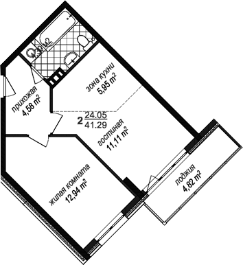 Планировка евродвушка (2Е) 41.29 м² в ЖК «Avenue-Apart Прибрежный», корпус 1