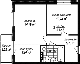 Планировка евродвушка (2Е) 41.48 м² в ЖК «Avenue-Apart Прибрежный», корпус 1