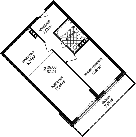 Планировка евродвушка (2Е) 52.21 м² в ЖК «Avenue-Apart Прибрежный», корпус 1