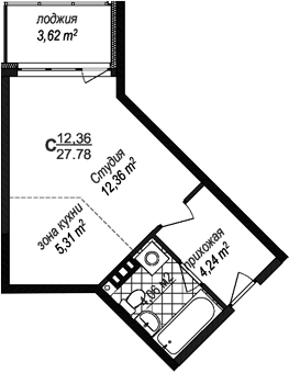 Планировка Студии 27.78 м² в ЖК «Avenue-Apart Прибрежный», корпус 1