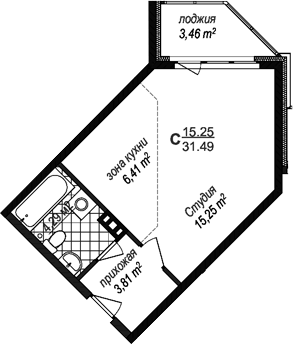 Планировка Студии 31.49 м² в ЖК «Avenue-Apart Прибрежный», корпус 1