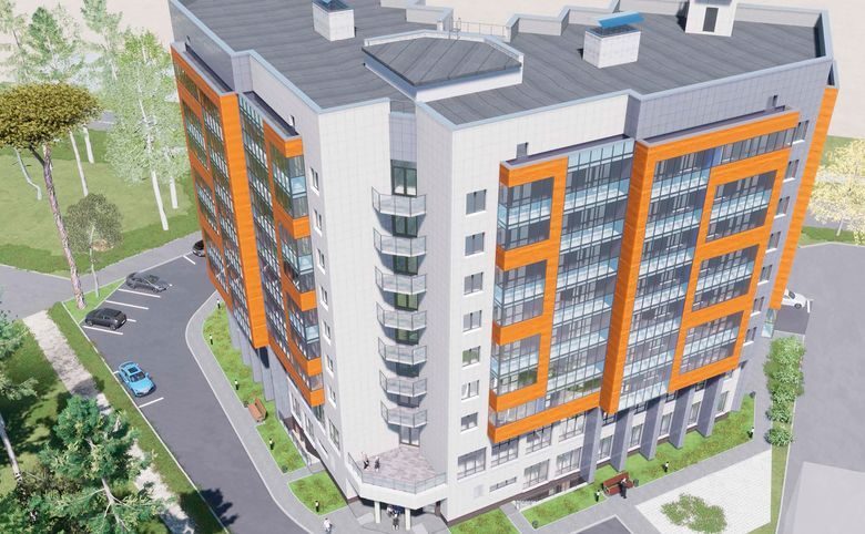 Avenue-Apart Прибрежный — Угловой вид на дом: остеклённые балконы по всему фасаду и па