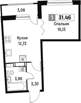 Планировка однокомнатная 31.46 м² в ЖК «Авиатор», корпус 1