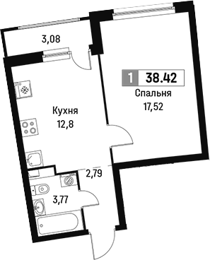 Планировка однокомнатная 38.42 м² в ЖК «Авиатор», корпус 1