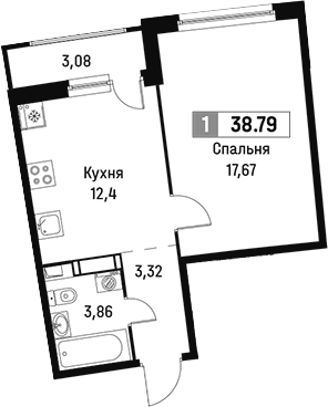 Планировка однокомнатная 38.79 м² в ЖК «Авиатор», корпус 1