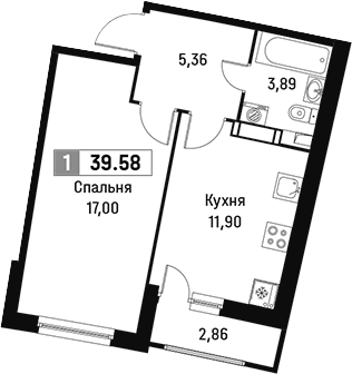 Планировка однокомнатная 39.58 м² в ЖК «Авиатор», корпус 1