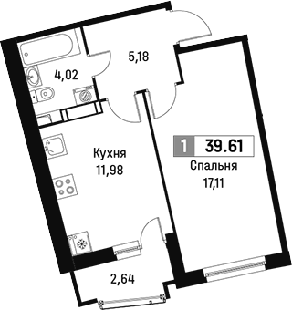 Планировка однокомнатная 39.61 м² в ЖК «Авиатор», корпус 1