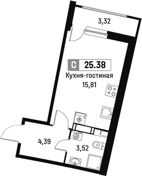 Планировка Студии 25.38 м² в ЖК «Авиатор», корпус 1