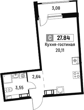 Планировка Студии 27.84 м² в ЖК «Авиатор», корпус 1