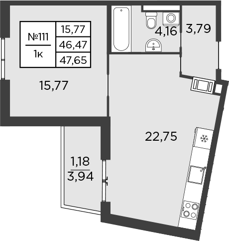 Планировка евродвушка (2Е) 47.65 м² в ЖК «Бакунина, 33», корпус 1