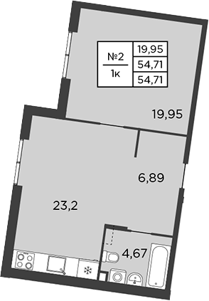 Планировка евродвушка (2Е) 54.71 м² в ЖК «Бакунина, 33», корпус 1