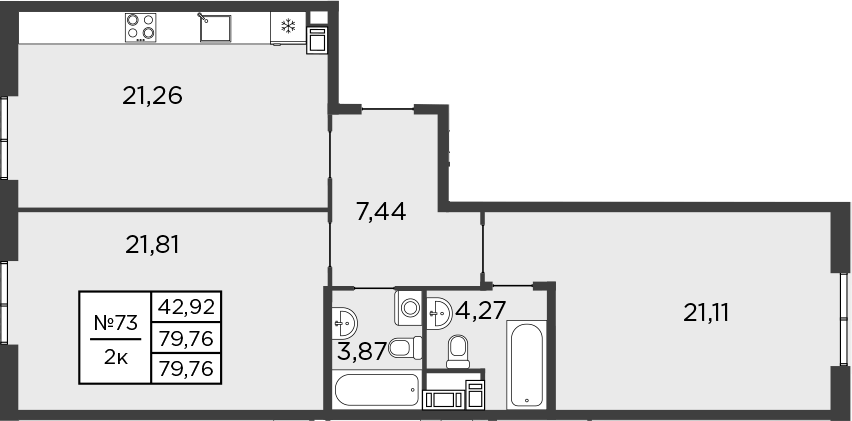 Планировка двухкомнатная 79.76 м² в ЖК «Бакунина, 33», корпус 1