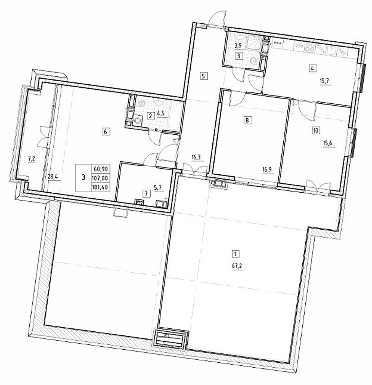 Планировка трёхкомнатная 129.4 м² в ЖК «Бакунина, 33», корпус 1