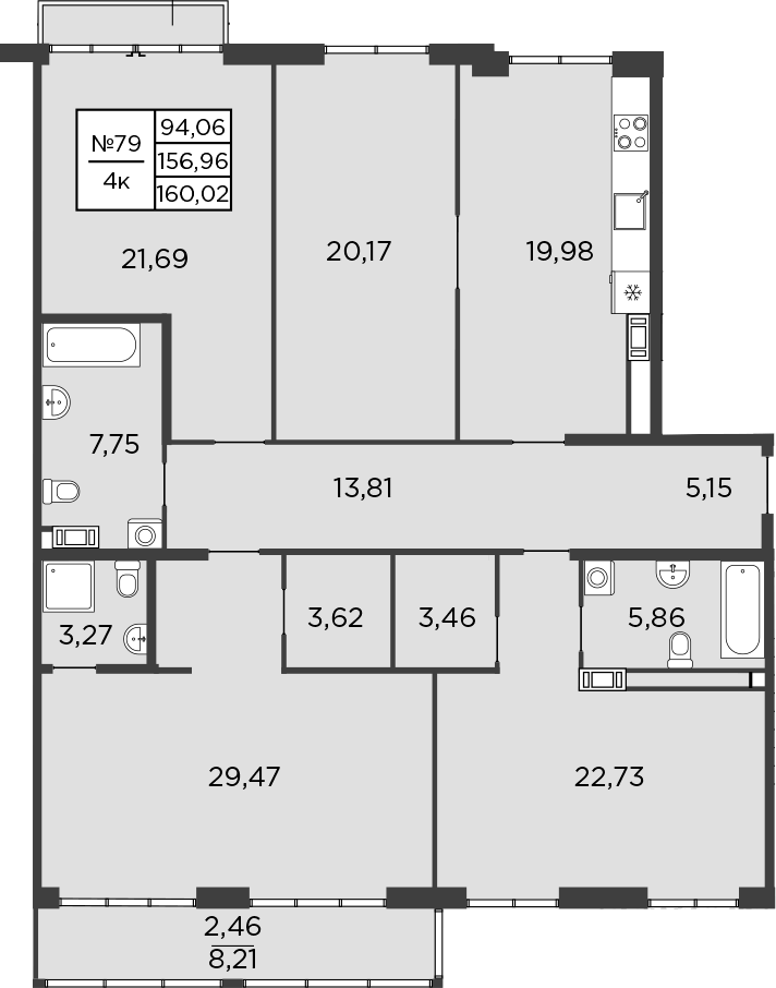 Планировка четырёхкомнатная 158.8 м² в ЖК «Бакунина, 33», корпус 1