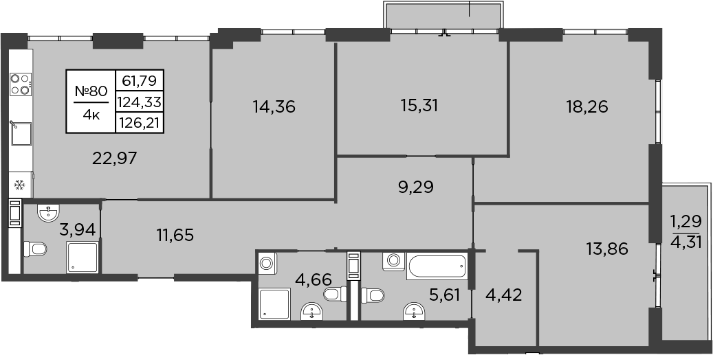 Планировка 5Е-к.кв 124 м² в ЖК «Бакунина, 33», корпус 1