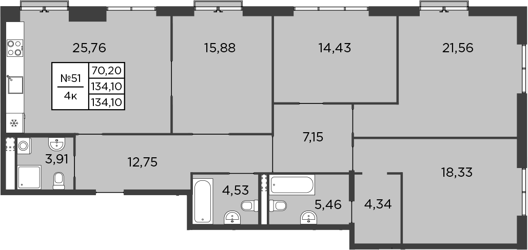 Планировка 5Е-к.кв 133 м² в ЖК «Бакунина, 33», корпус 1