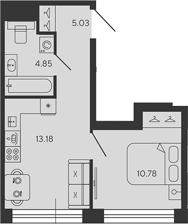 Планировка однокомнатная 33.84 м² в ЖК «BASHNI ELEMENT», корпус 1-КАРБОН