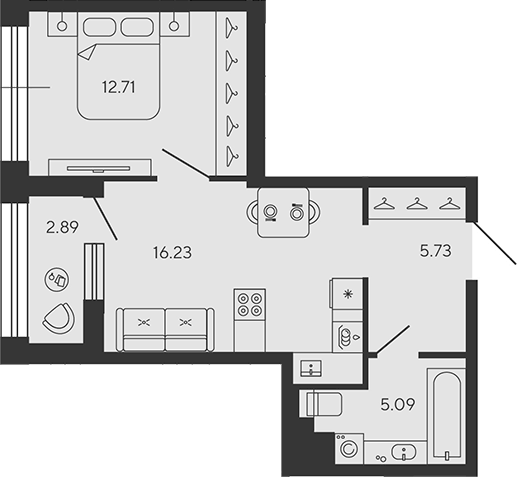 Планировка евродвушка (2Е) 41.21 м² в ЖК «BASHNI ELEMENT», корпус 1-КАРБОН